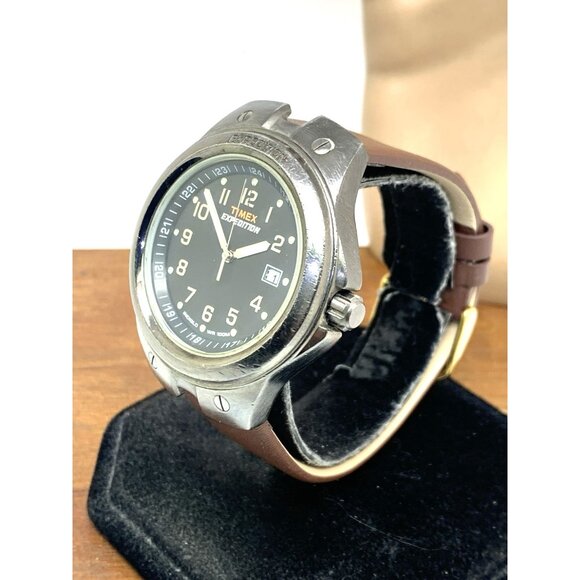 Timex Men's Watch Expedition Quartz Indiglo Gunmetal Brown Leather Strap 40mm - Picture 2 of 13